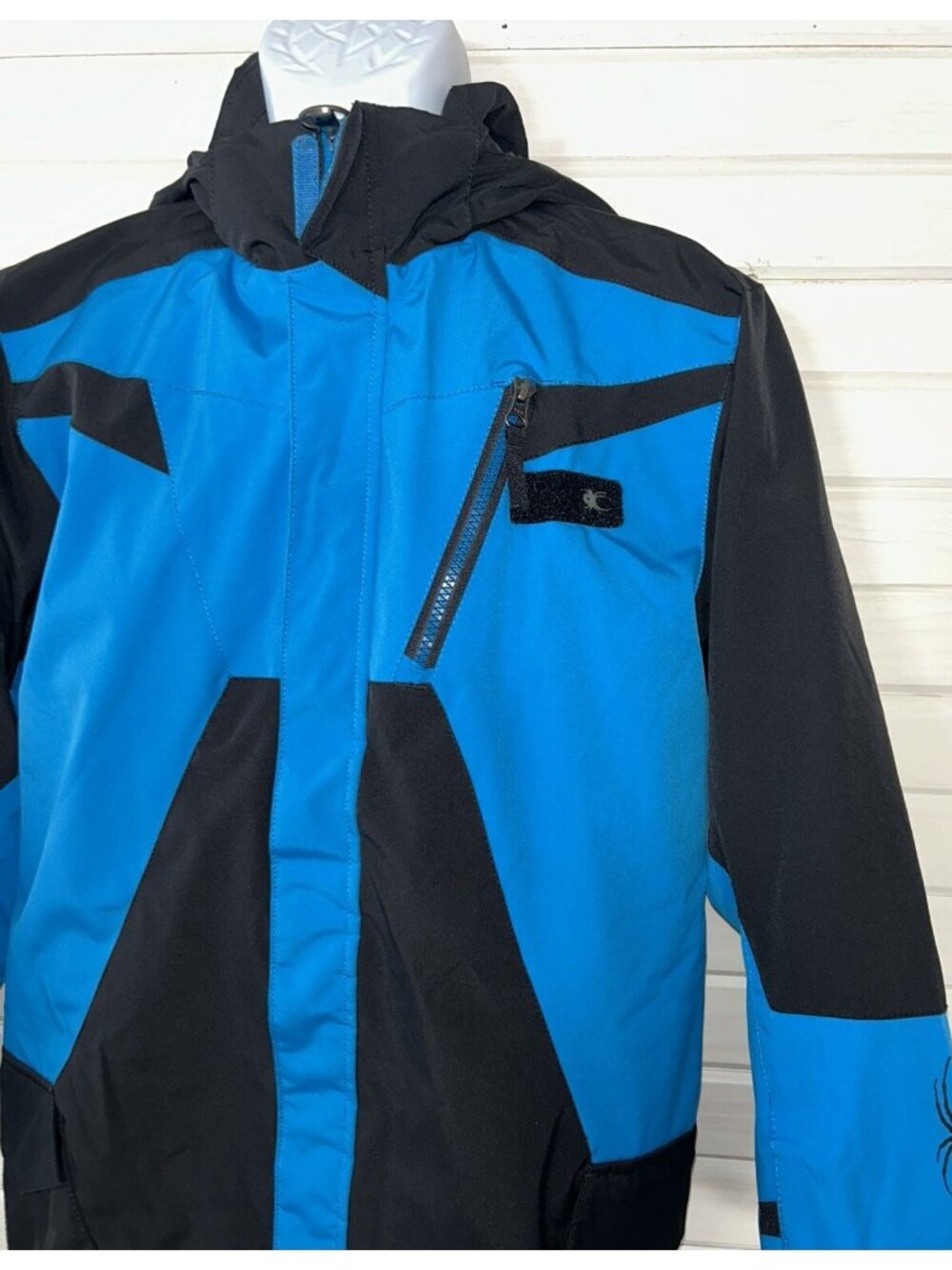 Spyder Jacket Boys Sz 16 Black Blue Full Zip Logo Zip-Off Hood Heavyweight EUC